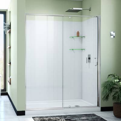 DreamLine Flex 34 in. D x 60 in. W x 78 3/4 in. H Pivot Shower Door, Base, and White Wall Kit in Chrome