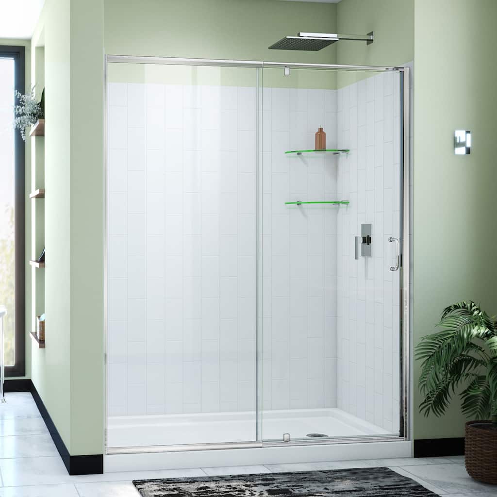 DreamLine Flex 34 in. D x 60 in. W x 78 3/4 in. H Pivot Shower Door, Base, and White Wall Kit in Chrome