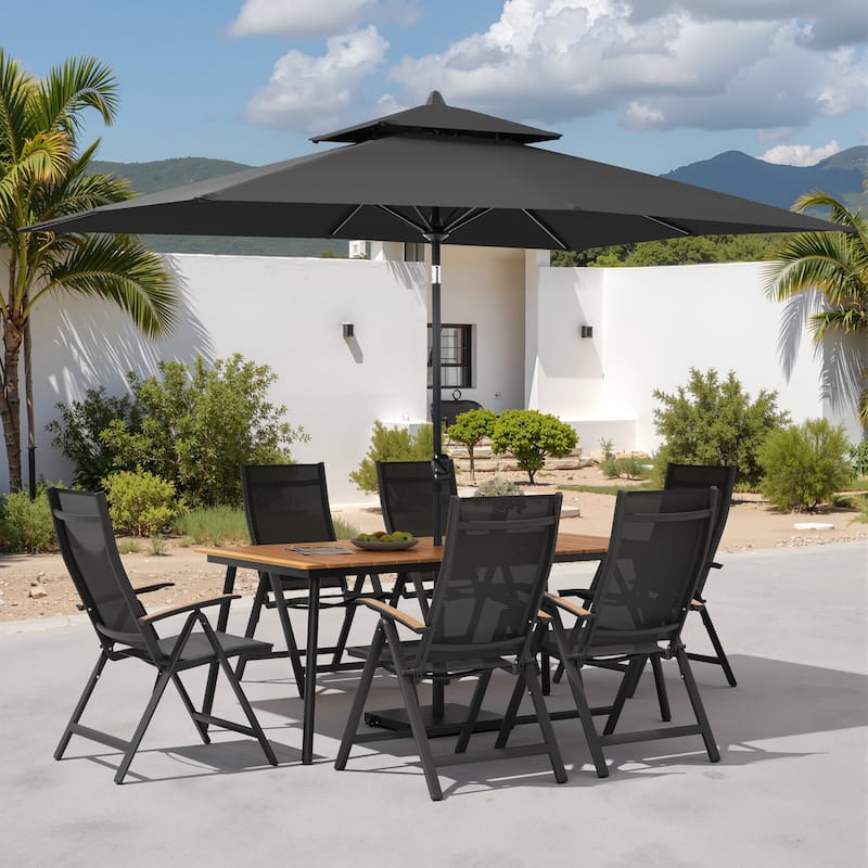 9PC Outdoor Patio Dining Set WoodLike Aluminum Umbrella Hole Table with Folding Chairs,Double Top Market Umbrella and Wheel Base - BrownTable&BlackChairs&BlackUmbrella