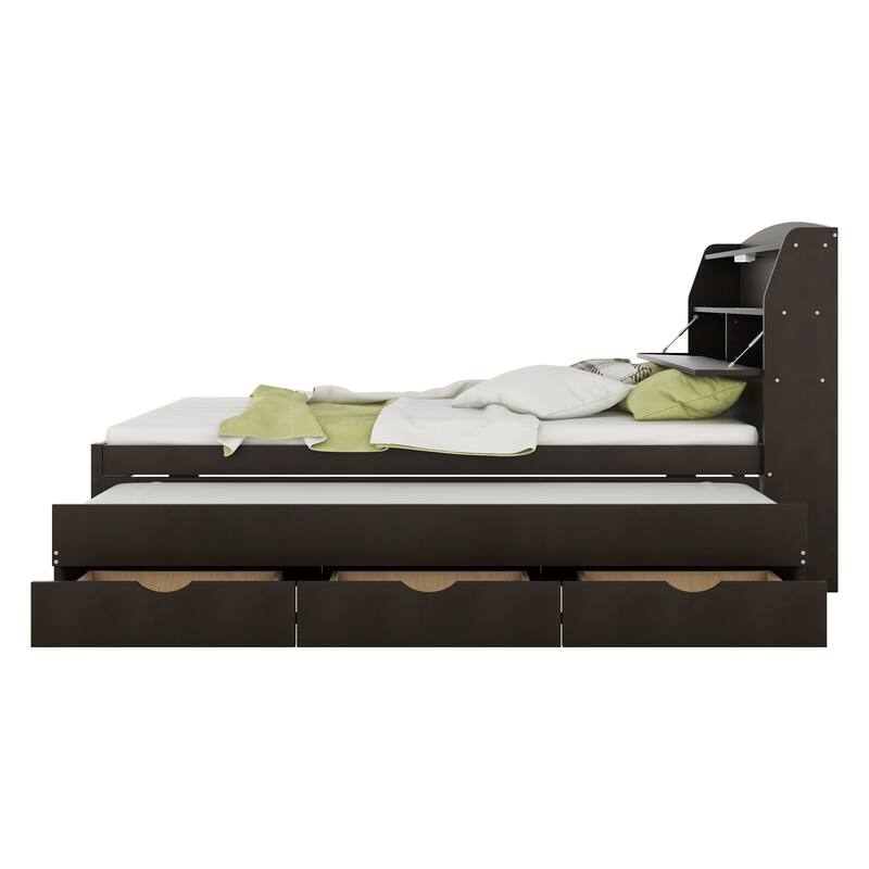 Wooden LED Bed with Trundle and Storage Headboard