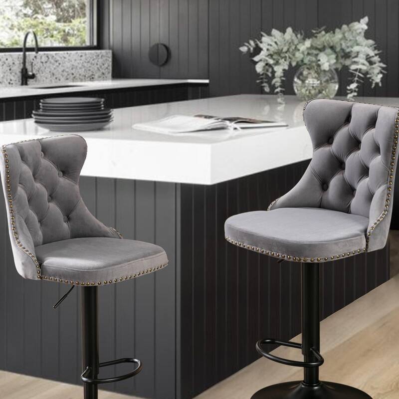 Velvet Upholstered Nailheads Tufted Swivel Bar Stools (Set of 6)