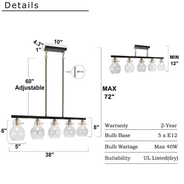dimension image slide 1 of 2, Modern Industrial 5-Light Black Gold Linear Chandelier Clear Glass Kitchen Island Lights for Dining Room
