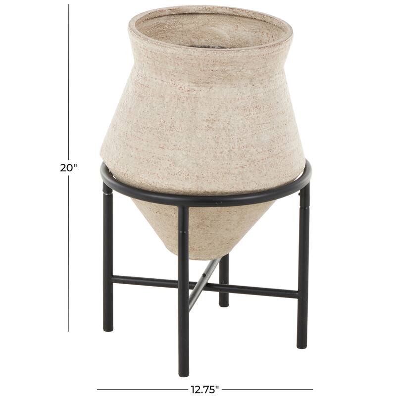 Metal Wide Vase with Black Metal Stands - Beige or Brown - Roche River Decor