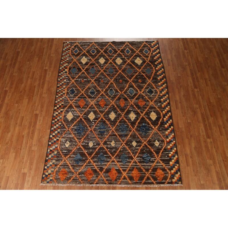 Hand Knotted Oriental 100% Wool Carpet Modern Tribal Brown Moroccan Area Rug - 9' 9'' X 6' 9''