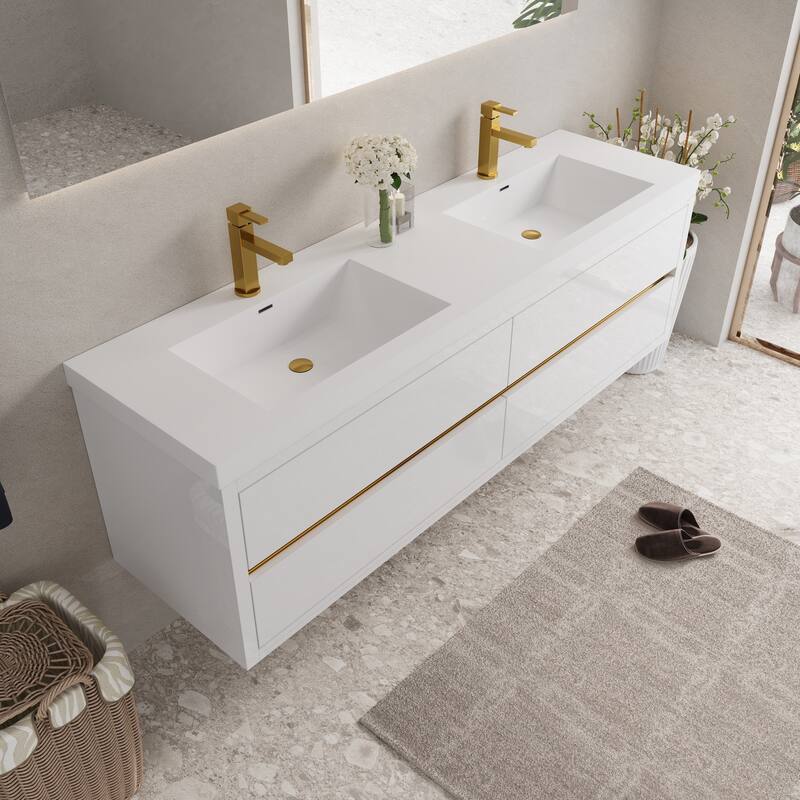 Wall-Mounted Bathroom Vanity with White Stone Resin Top