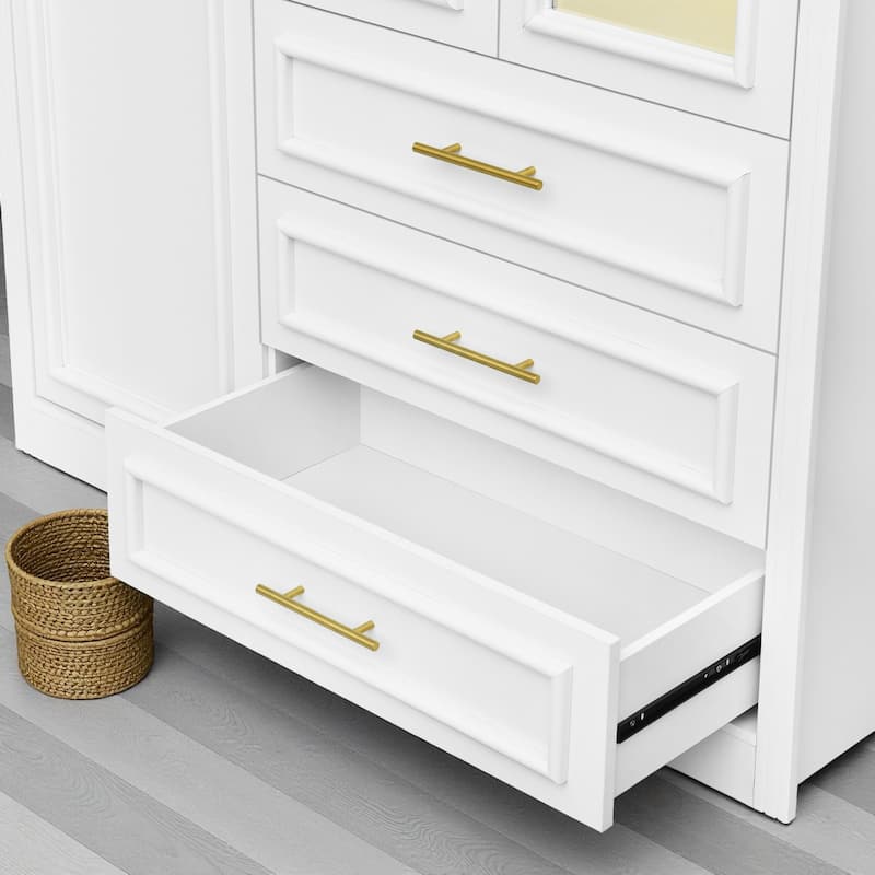 3-Door Wardrobe Armoire Closet with LED Lights and 3 Drawers Pine Wood MDF Clothing Storage Cabinet