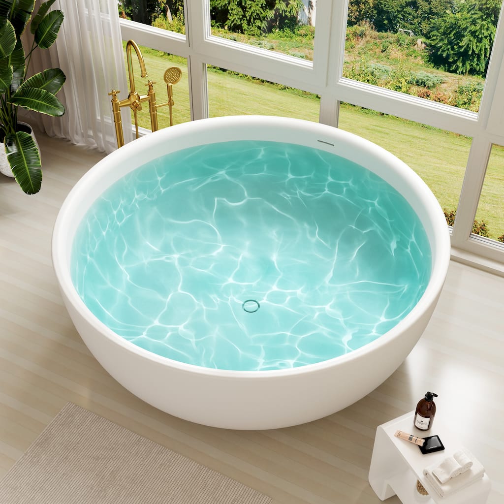 59 in. Freestanding Solid Surface Square Soaking Bathtub in Matte White, Modern Design with Center Drain