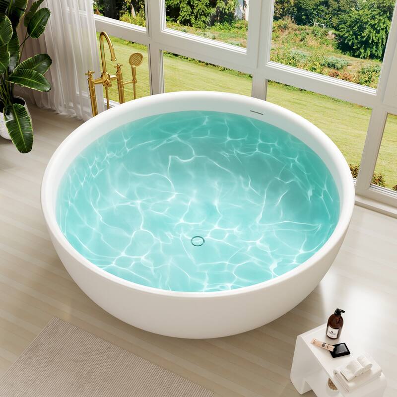 59 in. Freestanding Solid Surface Square Soaking Bathtub in Matte White, Modern Design with Center Drain