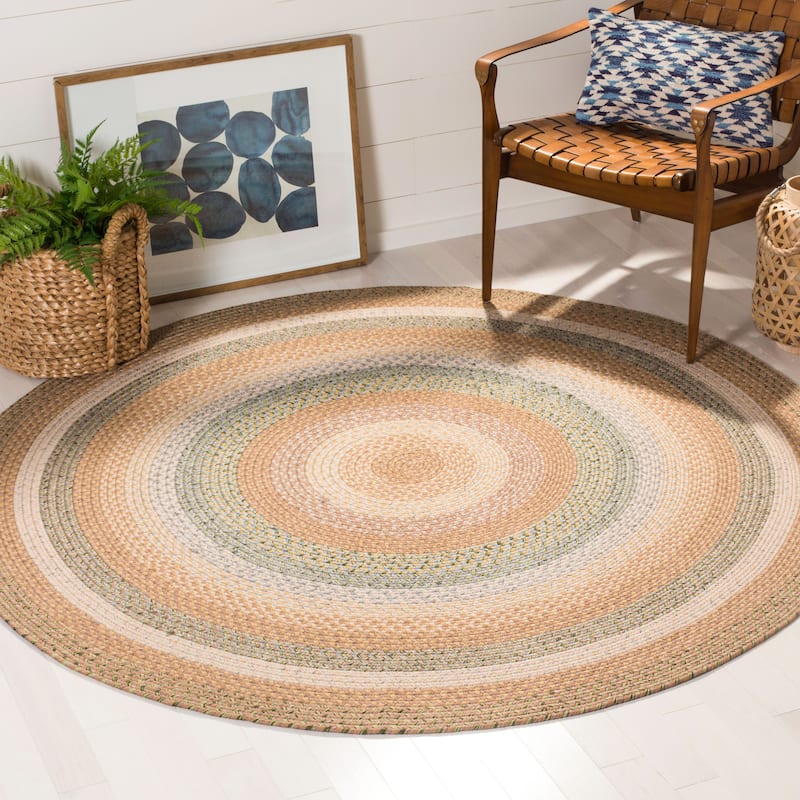SAFAVIEH Handmade Braided Jivitza Country Rug - 6' Round - Tan/Multi
