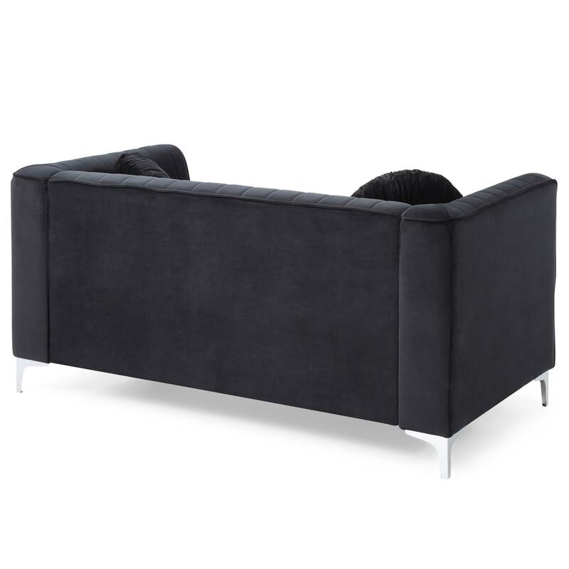 Velvet Microsuede Channel Tufted Loveseat with Throw Pillows - 65" - Black