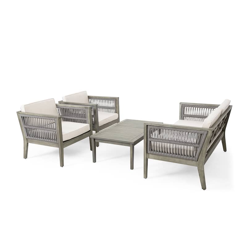 4-Pieces Acacia Wood Patio Furniture Set, Outdoor Coffee Table Conversation Set Deep Seating w/ Soft Cushion