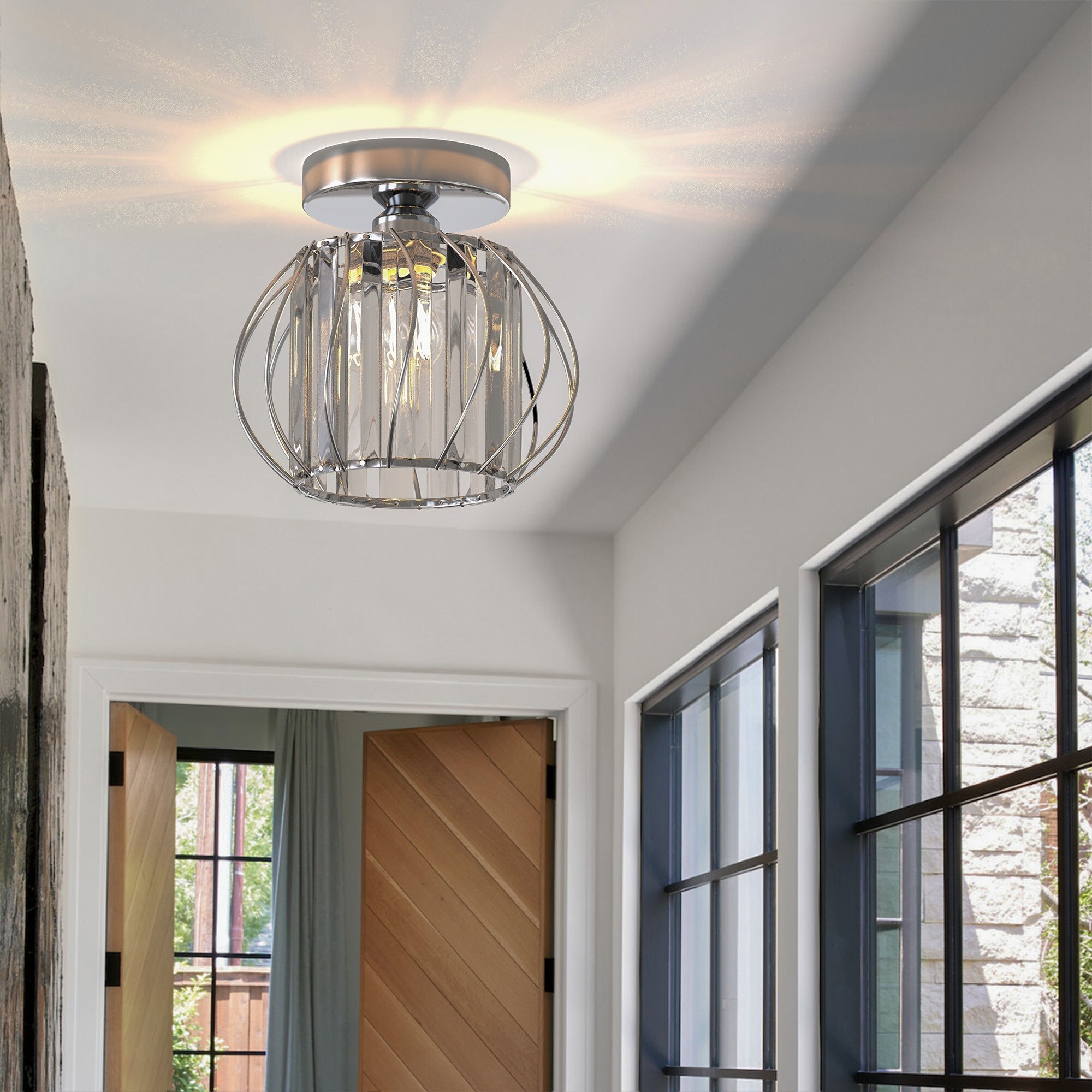 【SALE】 YANSUN Single-Head Semi-Flush Mount Light, Chrome Finish レンズ(単焦点)