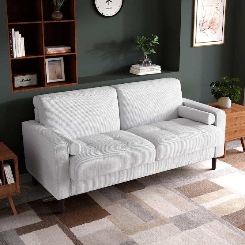 Modern Corduroy Upholstered 2 Seater Sofa with Bolster Pillows