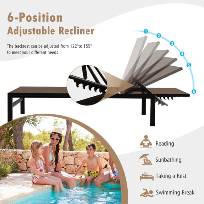 6-Position Chaise Lounge Chairs with Rustproof Aluminium Frame - 60.5"-78" x 25" x 39.5"-25.5" (L x W x H)