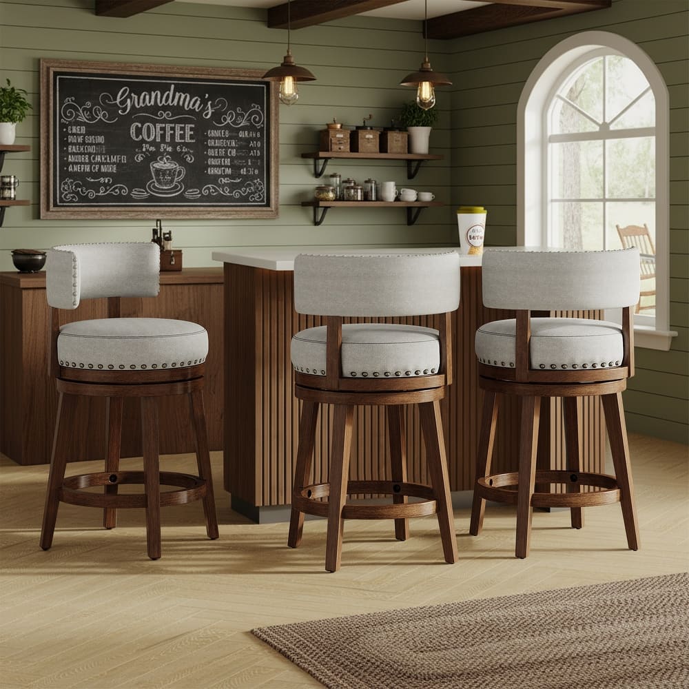 Modern Swivel Bar Stool Counter 25" Height with Adjustable Footrest & Walnut Base, for Kitchen Islands