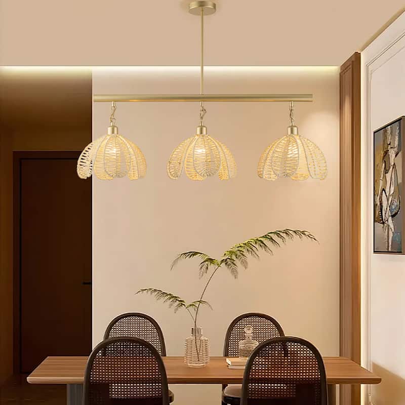 Cali 3-Light Wicker Flower Linear Pendant, Coastal Boho - Handwoven - 36" Wide