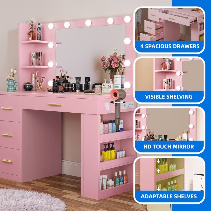 Moasis 40" Makeup Vanity with Mirror and Lighted ,Vanity Table with Power Outlet and 4 Drawers & Storage Shelves