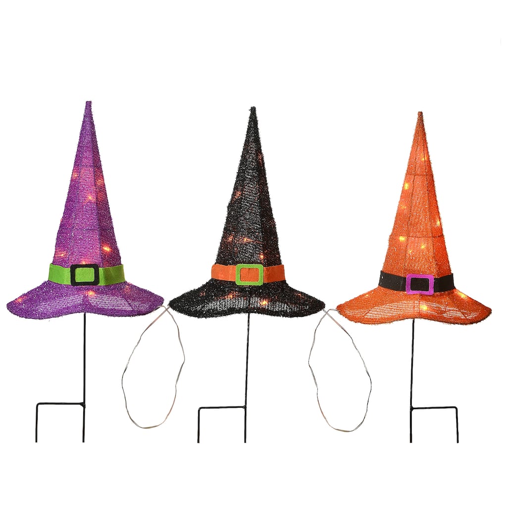 National Tree Company Halloween Pre-Lit Multicolor Witch's Hat Garden Stakes, 23 inches