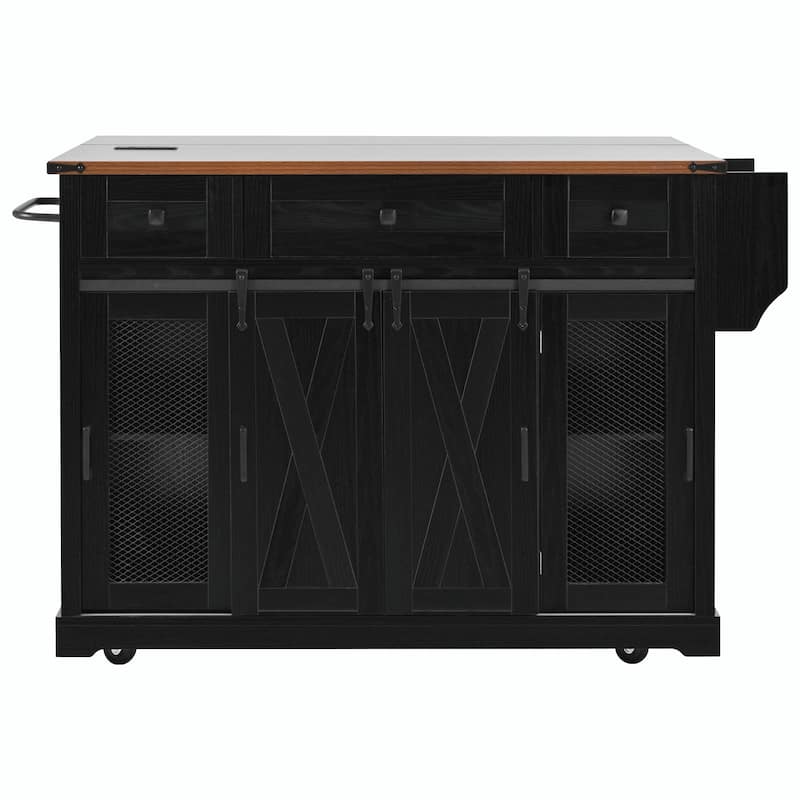 58-inch Farmhouse Kitchen Island with Storage, Sliding Barn Door & Metal Grid Side Door