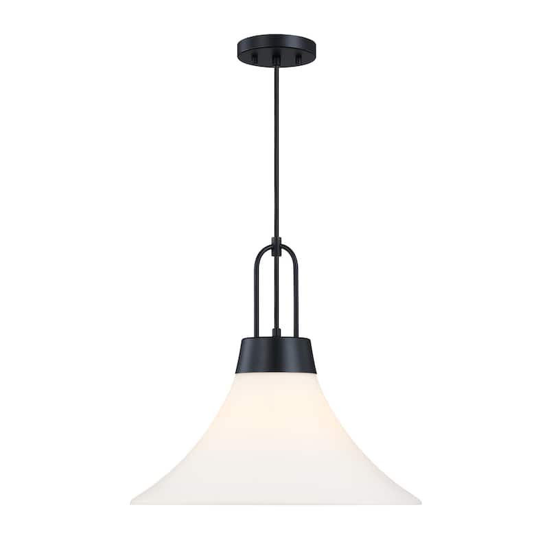 Evergreen Oasis 60 Watt 1-Light Matte Black Down Pendant Light with Etched Opal Glass Shade - 16.5