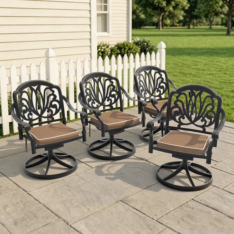 Patio Petal Pattern Cast Aluminum 360° Swivel Dining Chairs, Set of 4 with Cushions