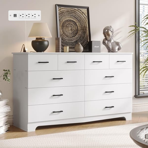 Bedroom Dresser 10 Drawers TV Stand Power Outlets Chest of Drawers