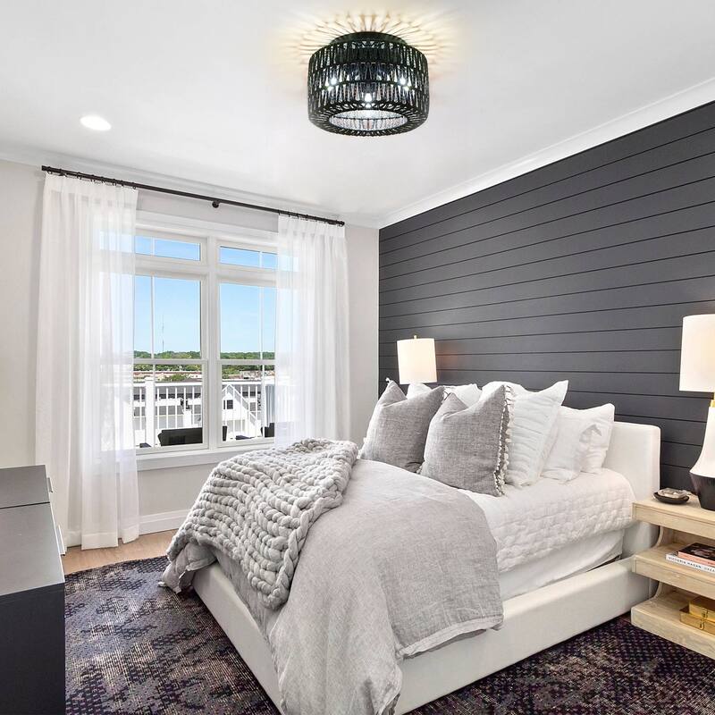 Black Woven Flush Mount Light Fixture Rustic Industrial Hemp Rope Round Ceiling Light - 11.8