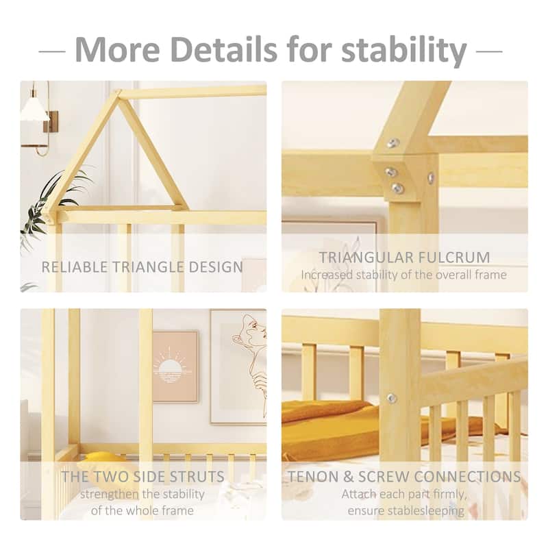 Pine Wood Floor Bed with House Roof Frame and Safety Guardrails