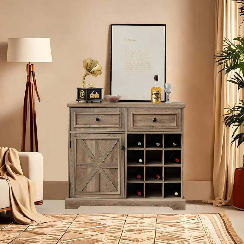 Roomfitters Farmhouse Buffet Cabinet with Storage Sideboard with 2 Drawers, Wine Bar Cabinet with Removable Wine Racks Storage
