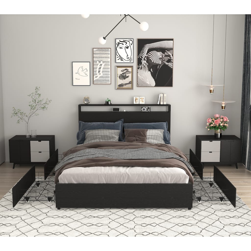 Queen Bed Frame with Storage Headboard, Charging Station, LED Lights, and Easy Assembly