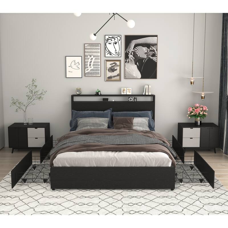 Storage Bed with 4 Drawers, Platform Bed with LED Lights and Storage Headboard Built-in Charging Station