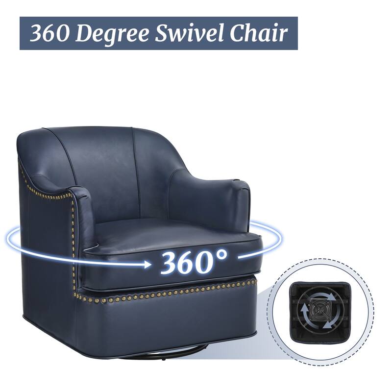 Genuine Leather Swivel Upholstered Accent Barrel Chair with Metal Base for Living Room