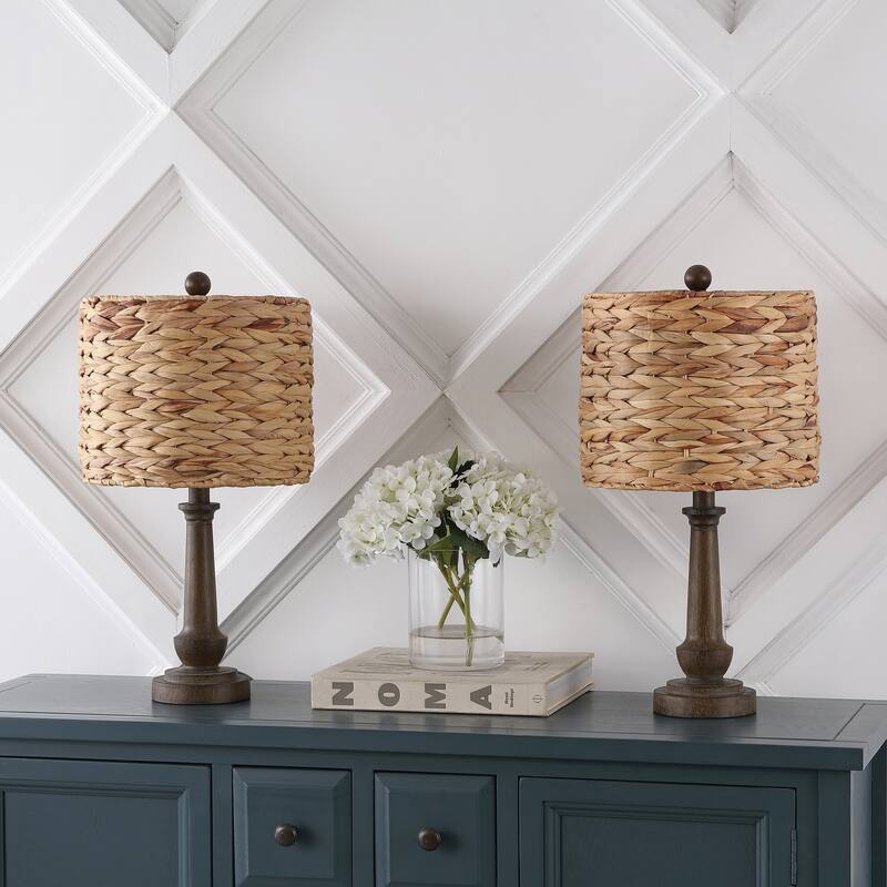 Reese 21.25" Rustic Farmhouse Handwoven Rattan/Resin LED Table Lamp, Brown Wood Finish (Set of 2) by JONATHAN Y