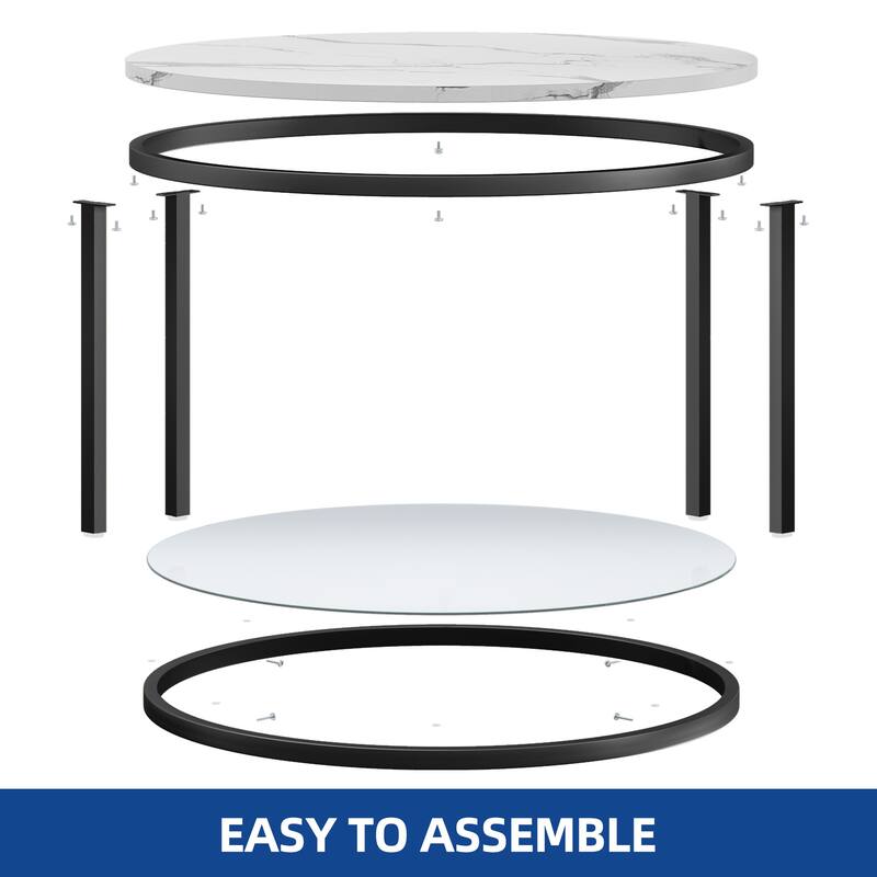 White Marble Pattern Round Coffee Table with Glass 2-Tier Circle Gold Frame