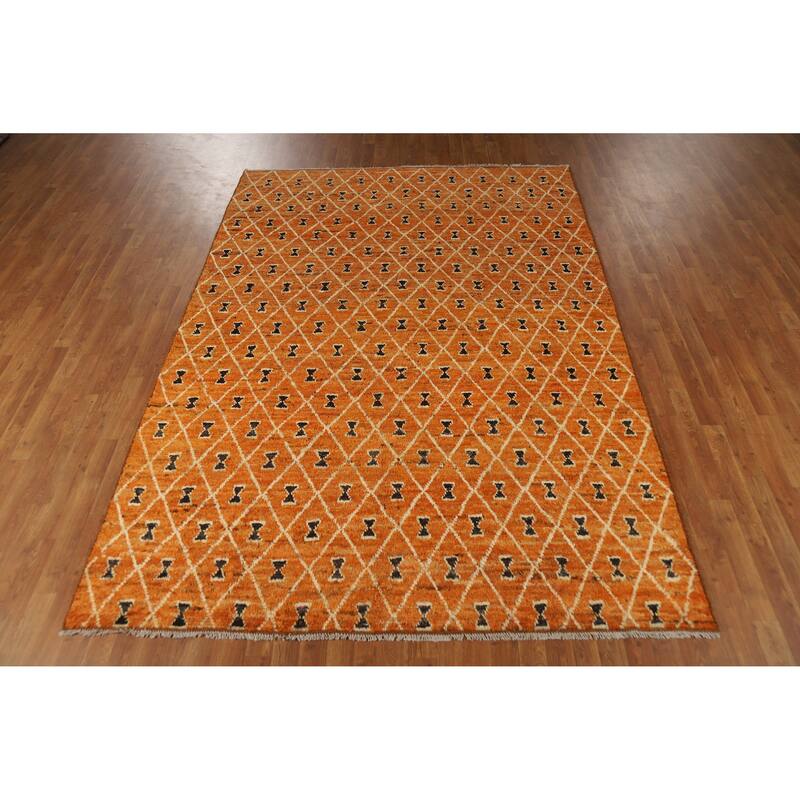 Trellis Moroccan Oriental Area Rug Handmade Orange Wool Carpet - 6'10" x 9'9"