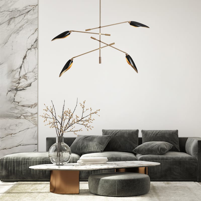 Modern 4-Light Black Gold Linear Chandelier Metal Pendant Lights for Dining Room - 48 X 5.5 X 19.3