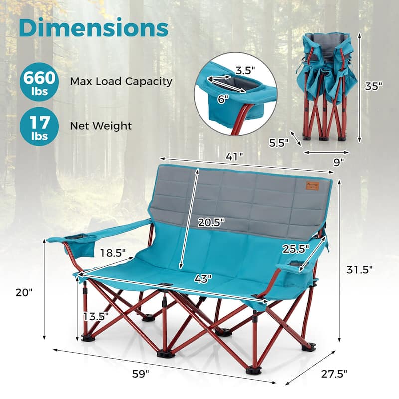 Gymax Oversized Camping Chair Folding Loveseat Camping Couch w/ Cup
