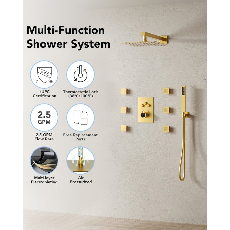 Thermostatic Shower System 12" Rain Shower Head with High Pressure Handheld Spray