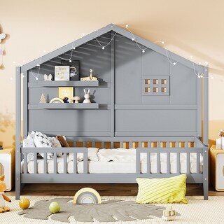Twin Size House Bed with Shelves, Window and Sparkling Light Strip