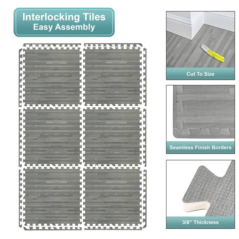 Sorbus Wood grain floor foam mat for home and office - Set of 24