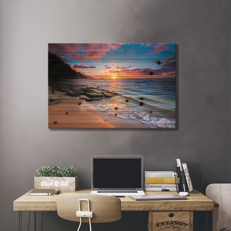 Sunset over the Na Pali Coast from Ke'e Beach, Haena State Park, Kauai, Hawaii, USA I Print On Wood by Russ Bishop - Multi-Color