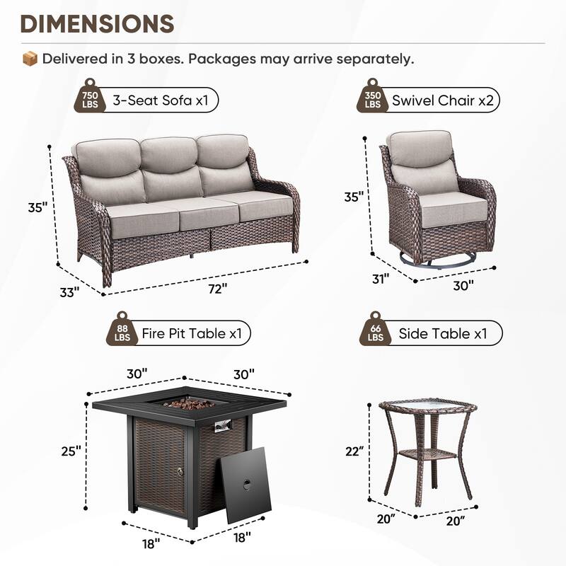 Pocassy 4/5PCS Patio Sofa Swivel Chair with 30" Fire Pit Tab;e