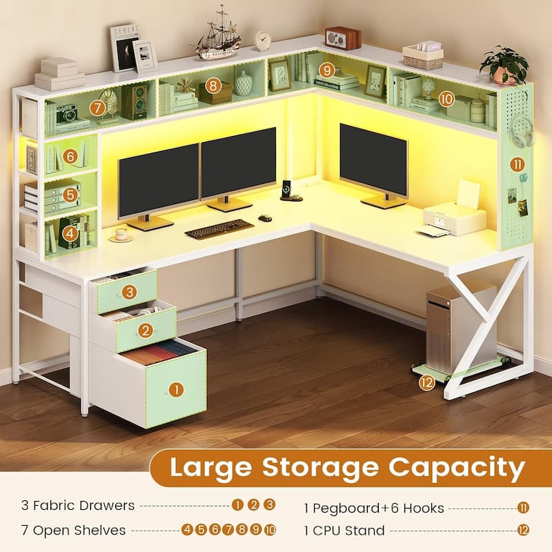 L Shaped Gaming Desk with Storage Shelves and Hutch Computer Desk 3 Drawers