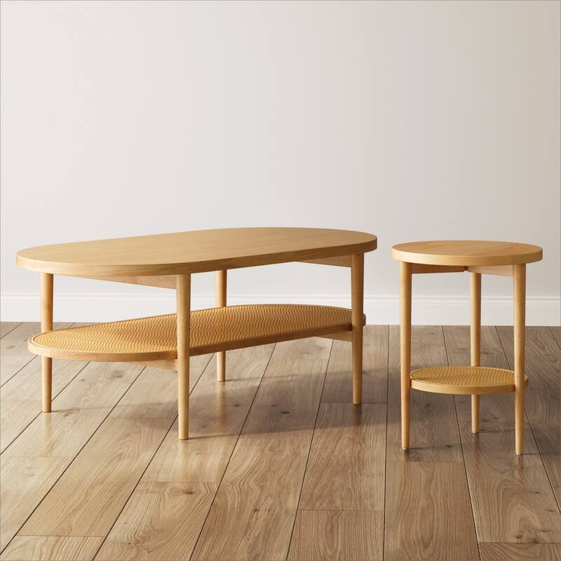 Nathan James Sonia Bohemian 2-Tier Round End Table in Light Wood With Rattan Storage Shelf