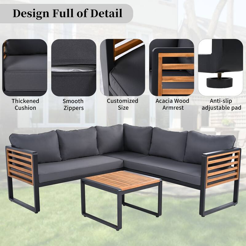 4 Pieces Outdoor Patio Conversation Set, Metal and Wood Frame Sectional L-shaped Sofa with Soft Cushion and Coffee Table
