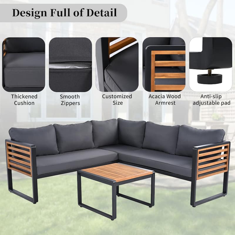 4 Pieces Outdoor Patio L-shaped Sofa Conservation Set w/ Soft Cushion & a Coffee for Garden, Backyard, Porch & Deck, Beige
