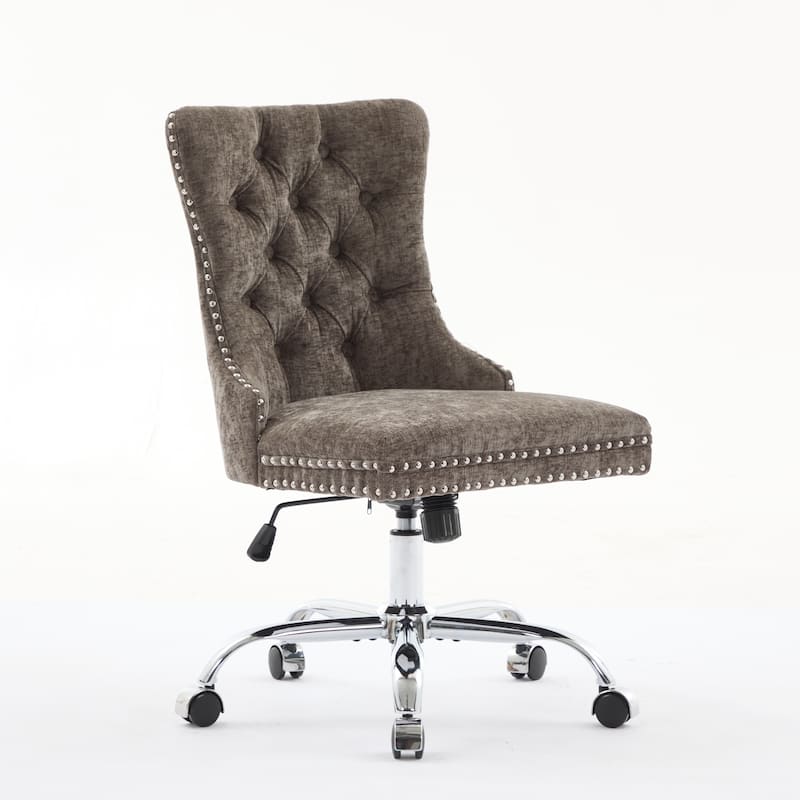 Chenille Upholstered Swivel Office Chair, Tufted Button Home Office Chair, Adjustable Vanity Chair with Metal Base