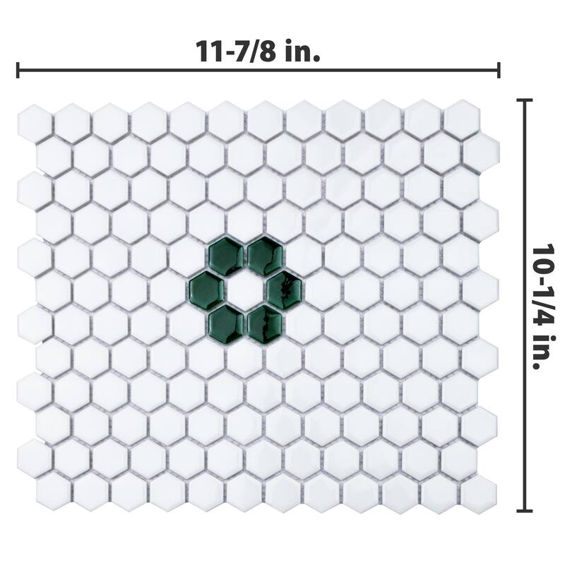 Merola Tile Metro Ion 1" Hex Emerald Single Flower w/ Glossy White 10-1/4" x 11-7/8" Porcelain Floor and Wall Tile