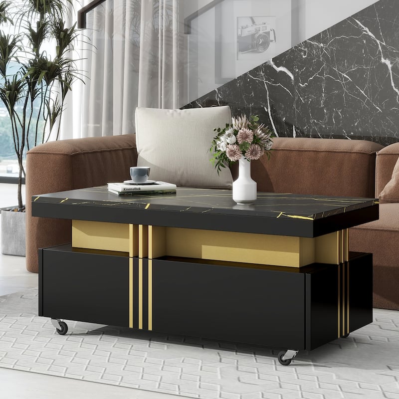 Contemporary Coffee Table with Faux Marble Top - Black
