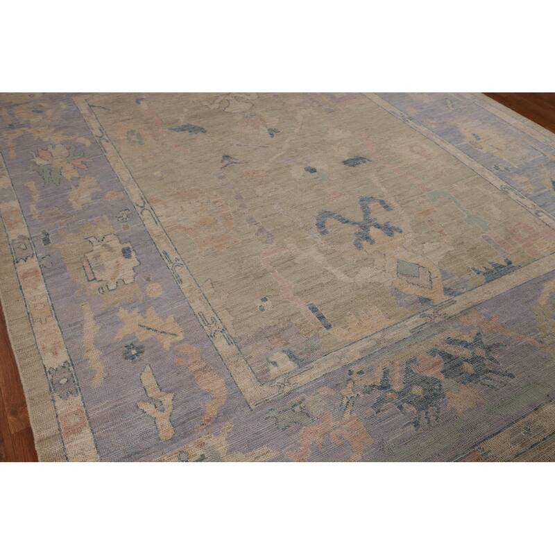 Vegetable Dye Oushak Turkish Area Rug Hand-Knotted Green Wool Carpet - 7'9"x 9'6"